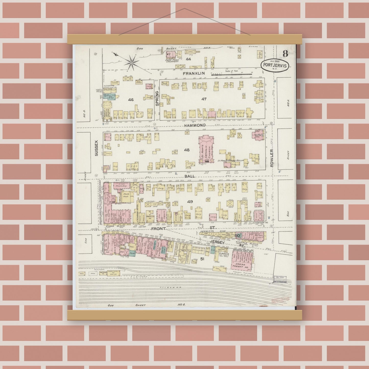 Old map wall art mockup — magnetic wood frame on brick wall — Sanborn Fire Insurance Map from Port Jervis, Orange County, New York (1888), Sheet #0008