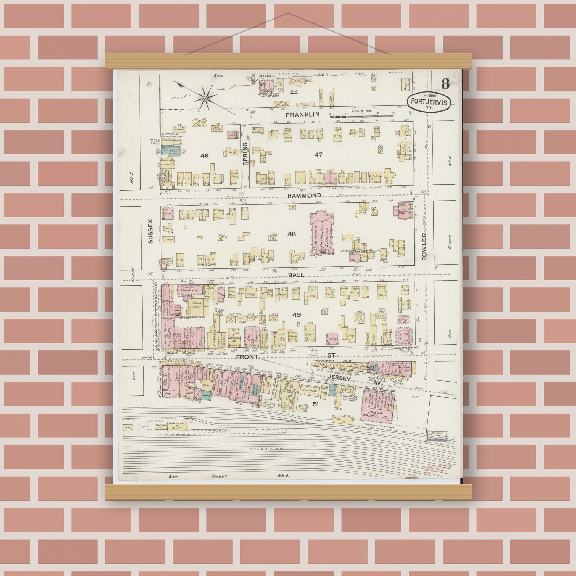 Old map wall art mockup — magnetic wood frame on brick wall — Sanborn Fire Insurance Map from Port Jervis, Orange County, New York (1888), Sheet #0008