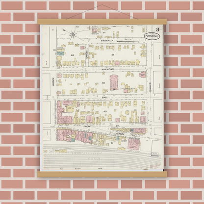 Old map wall art mockup — magnetic wood frame on brick wall — Sanborn Fire Insurance Map from Port Jervis, Orange County, New York (1888), Sheet #0008