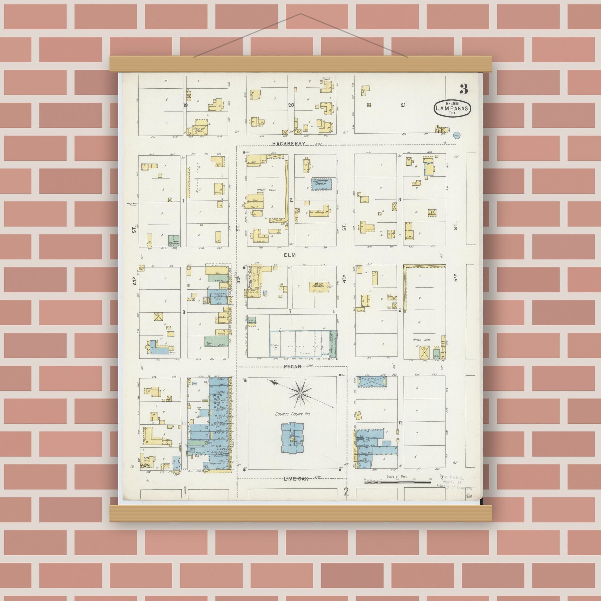 Old map wall art mockup — magnetic wood frame on brick wall — Sanborn Fire Insurance Map from Lampasas, Lampasas County, Texas (1896), Sheet #0003