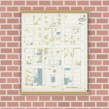 Old map wall art mockup — magnetic wood frame on brick wall — Sanborn Fire Insurance Map from Lampasas, Lampasas County, Texas (1896), Sheet #0003
