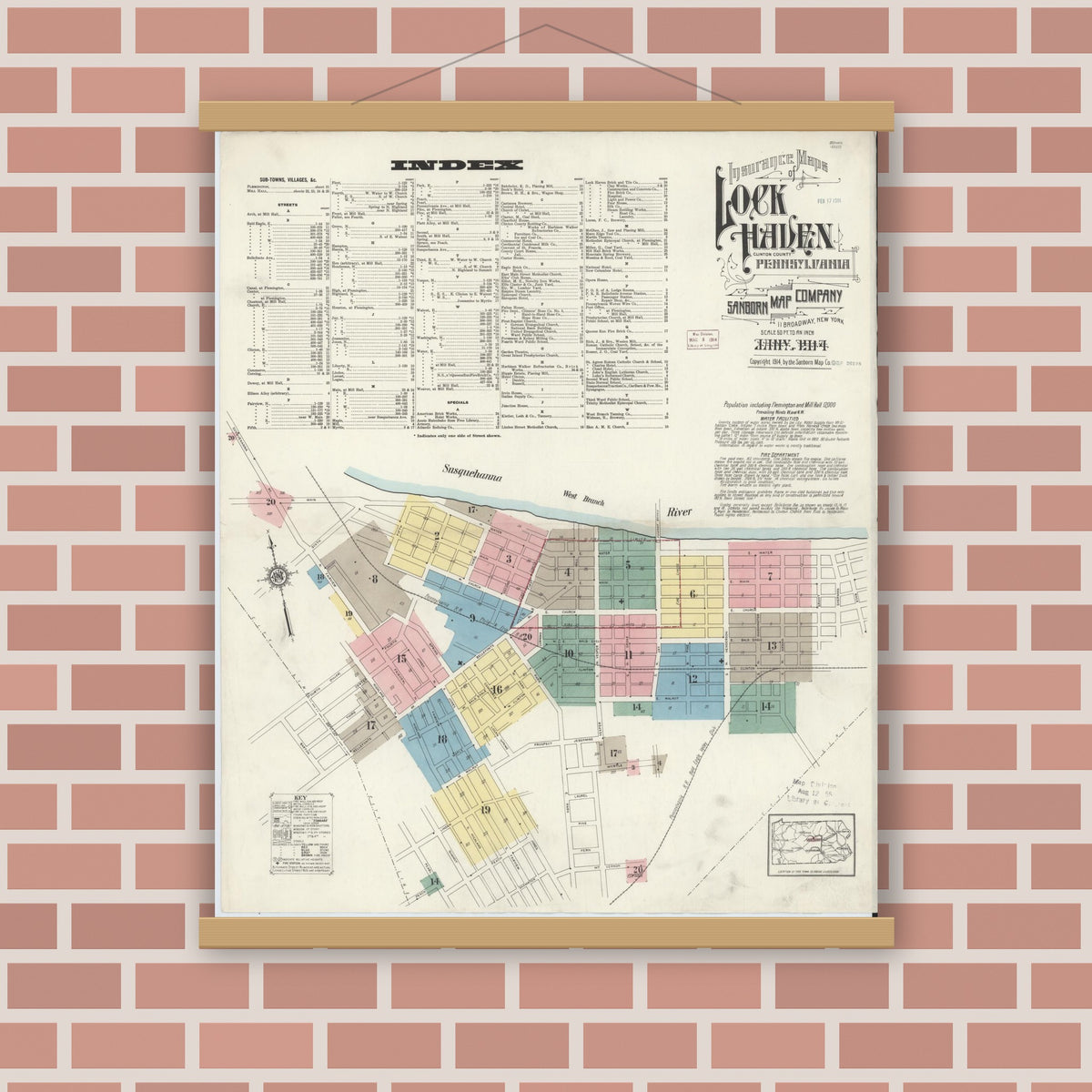 Old map wall art mockup — magnetic wood frame on brick wall — Sanborn Fire Insurance Map from Lock Haven, Clinton County, Pennsylvania (1914), Sheet #0001