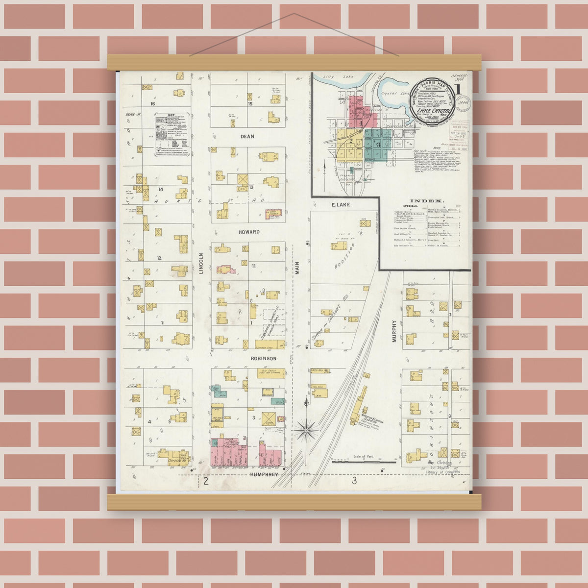 Old map wall art mockup — magnetic wood frame on brick wall — Sanborn Fire Insurance Map from Lake Crystal, Blue Earth County, Minnesota (1900) - Complete Map Set