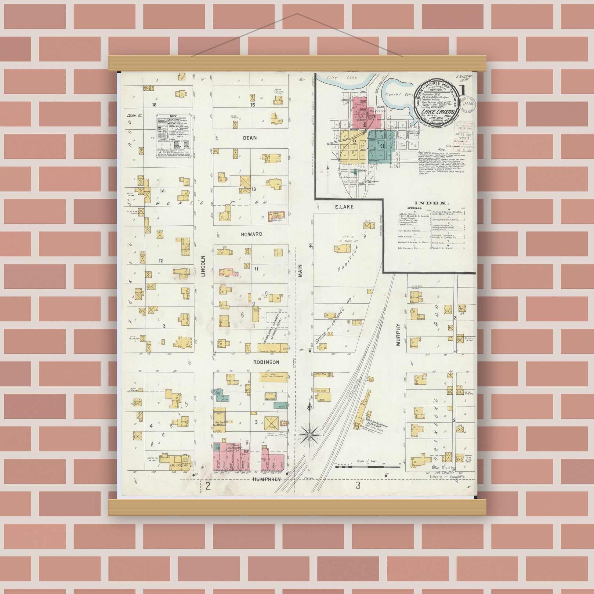 Old map wall art mockup — magnetic wood frame on brick wall — Sanborn Fire Insurance Map from Lake Crystal, Blue Earth County, Minnesota (1900) - Complete Map Set