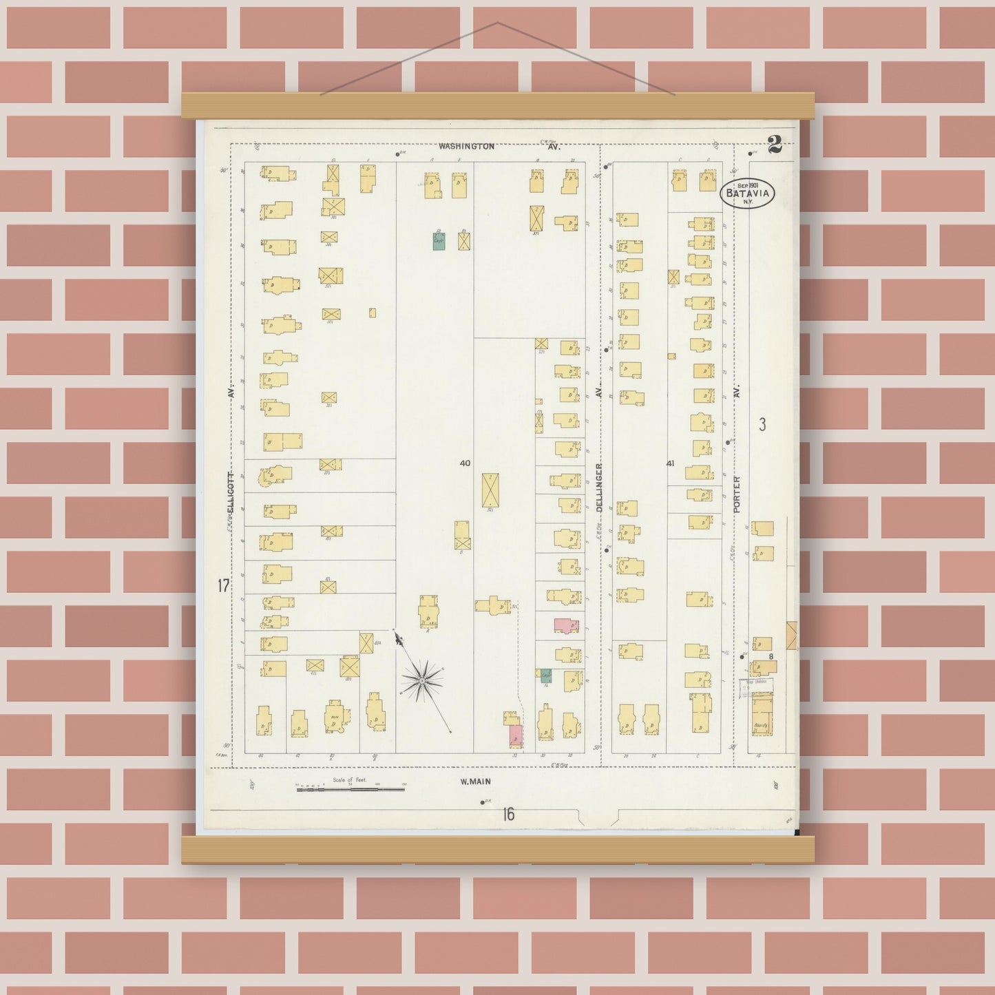 Old map wall art mockup — magnetic wood frame on brick wall — Sanborn Fire Insurance Map from Batavia, Genesee County, New York (1901) - Complete Map Set