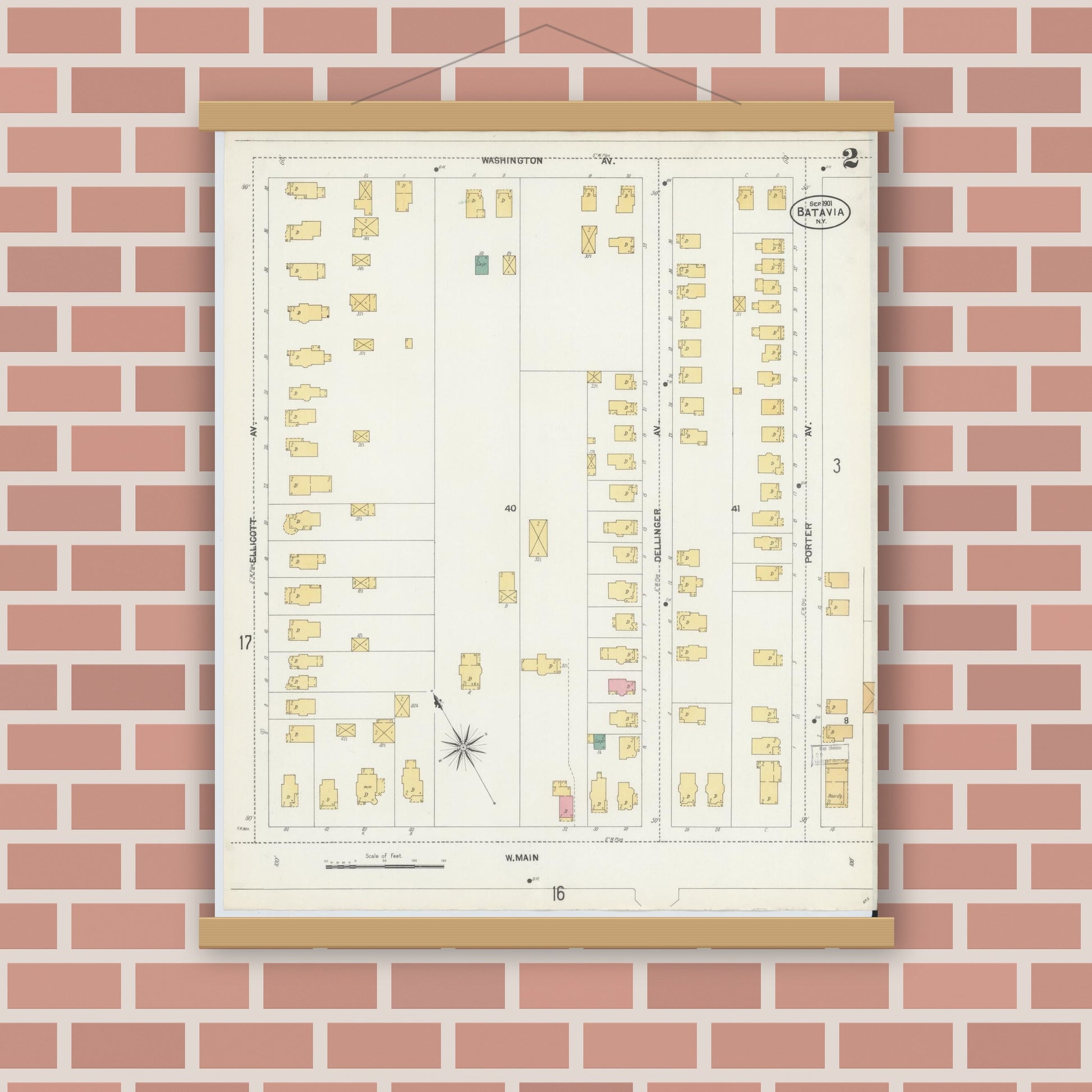 Old map wall art mockup — magnetic wood frame on brick wall — Sanborn Fire Insurance Map from Batavia, Genesee County, New York (1901) - Complete Map Set