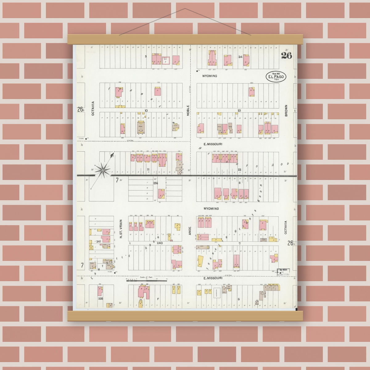 Old map wall art mockup — magnetic wood frame on brick wall — Sanborn Fire Insurance Map from El Paso, El Paso County, Texas (1902), Sheet #0026