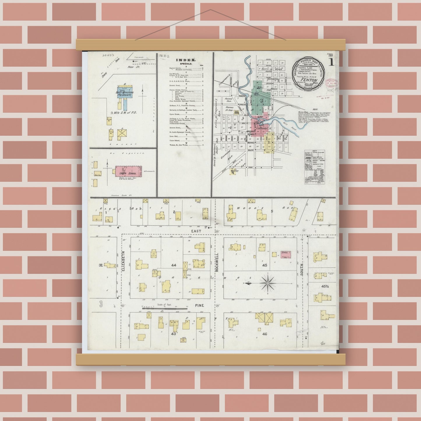 Old map wall art mockup — magnetic wood frame on brick wall — Sanborn Fire Insurance Map from Fenton, Genesee County, Michigan (1895) - Complete Map Set