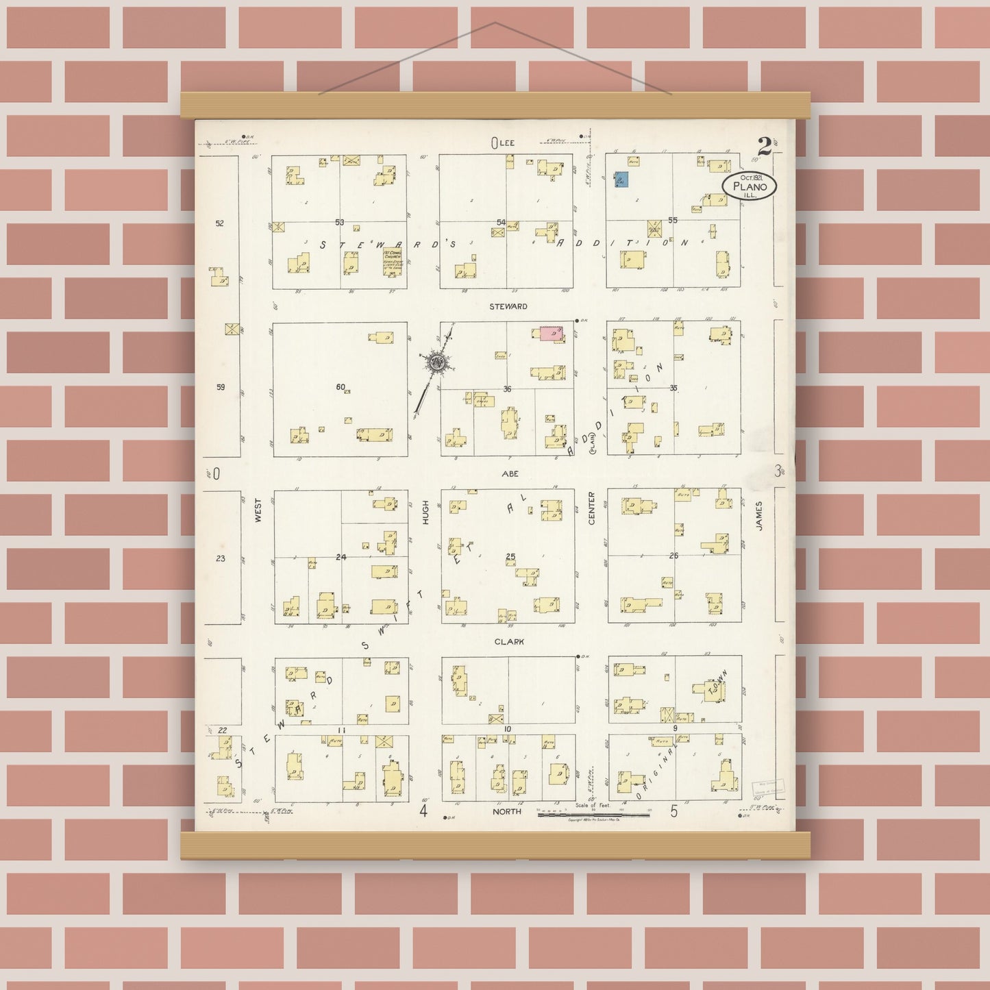 Old map wall art mockup — magnetic wood frame on brick wall — Sanborn Fire Insurance Map from Plano, Kendall County, Illinois (1921), Sheet #0002