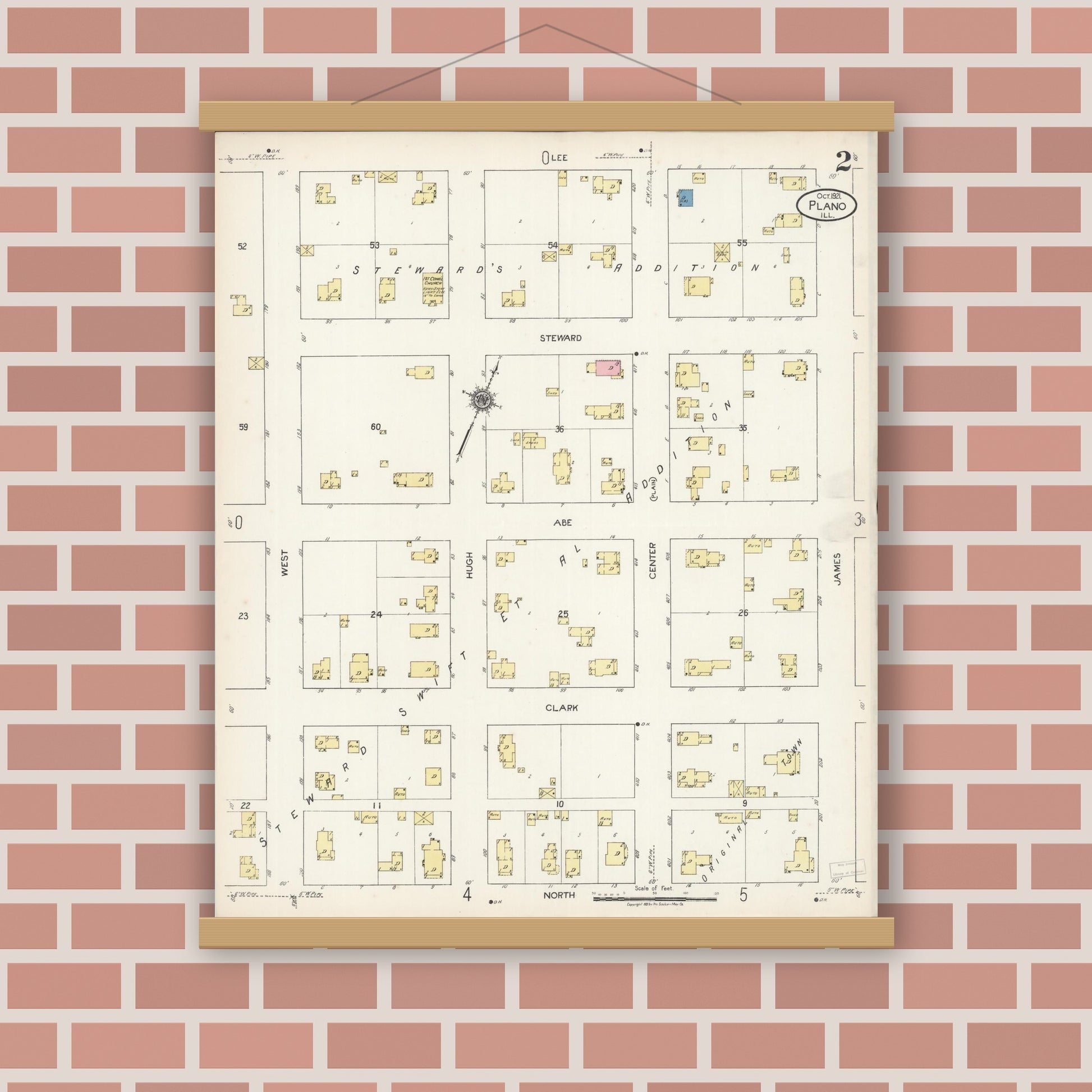 Old map wall art mockup — magnetic wood frame on brick wall — Sanborn Fire Insurance Map from Plano, Kendall County, Illinois (1921), Sheet #0002