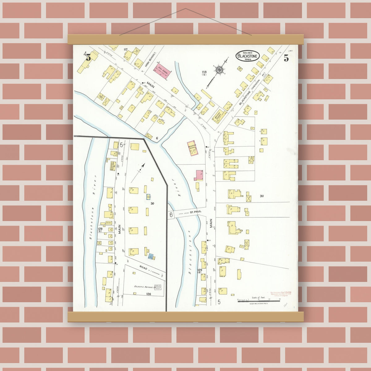 Old map wall art mockup — magnetic wood frame on brick wall — Sanborn Fire Insurance Map from Blackstone, Worcester County, Massachusetts (1923), Sheet #0005