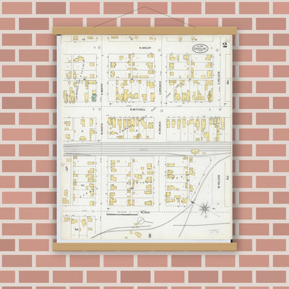 Old map wall art mockup — magnetic wood frame on brick wall — Sanborn Fire Insurance Map from Cadillac, Wexford County, Michigan (1900), Sheet #0002