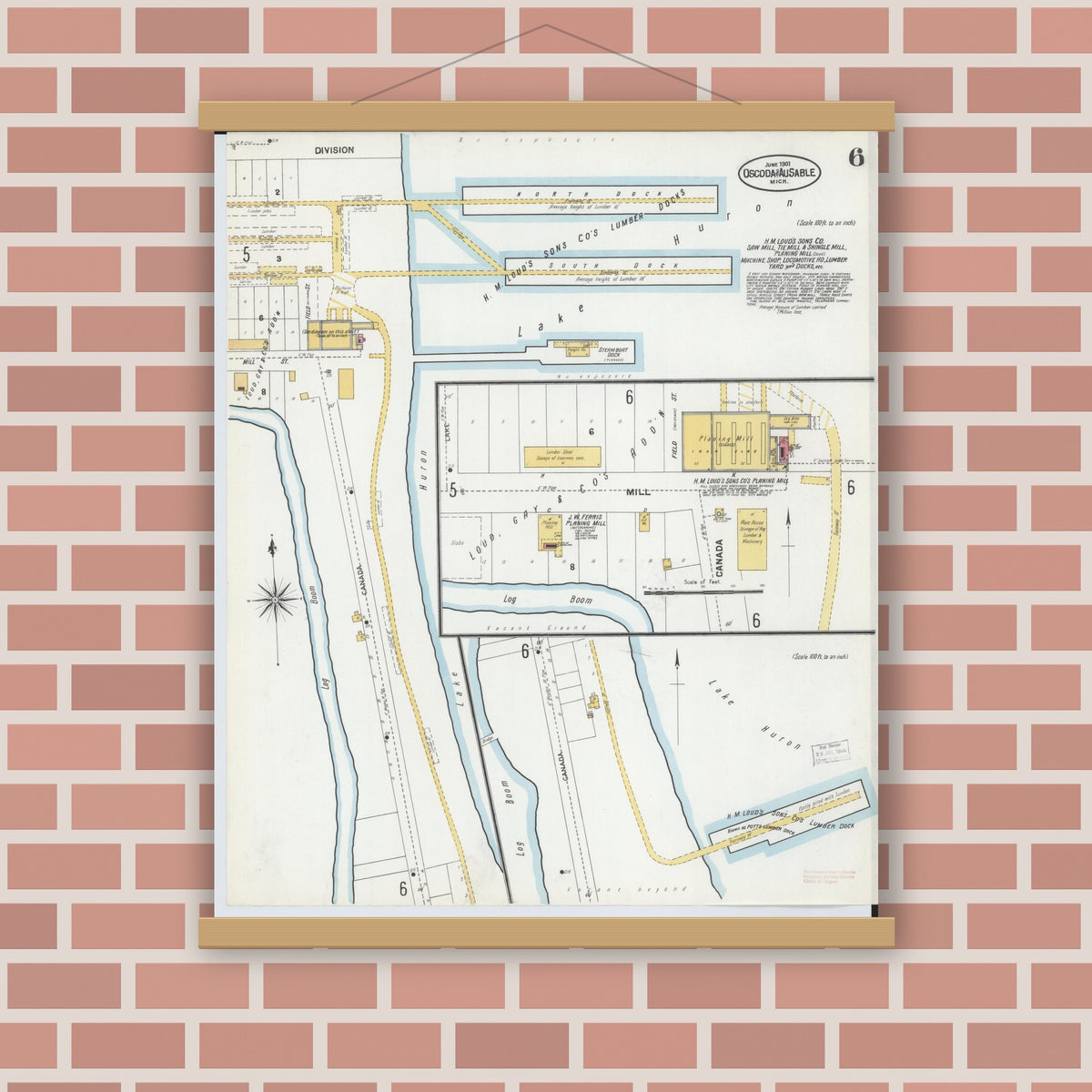 Old map wall art mockup — magnetic wood frame on brick wall — Sanborn Fire Insurance Map from Oscoda, Iosco County, Michigan (1901), Sheet #0006