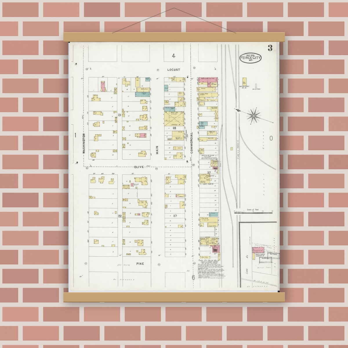 Old map wall art mockup — magnetic wood frame on brick wall — Sanborn Fire Insurance Map from Pierce City, Lawrence County, Missouri (1902), Sheet #0003