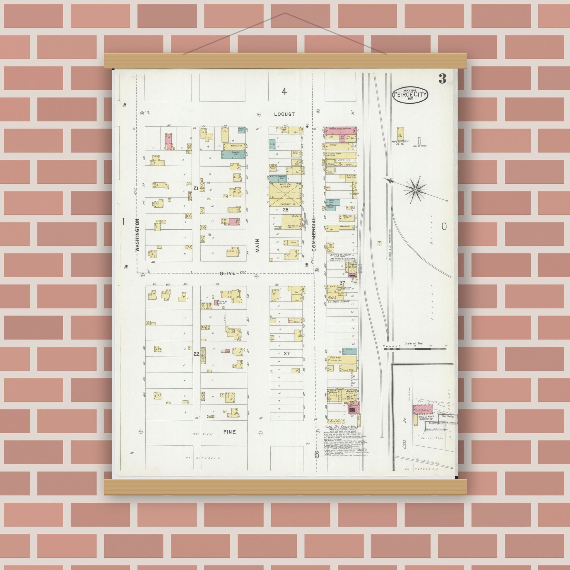 Old map wall art mockup — magnetic wood frame on brick wall — Sanborn Fire Insurance Map from Pierce City, Lawrence County, Missouri (1902), Sheet #0003