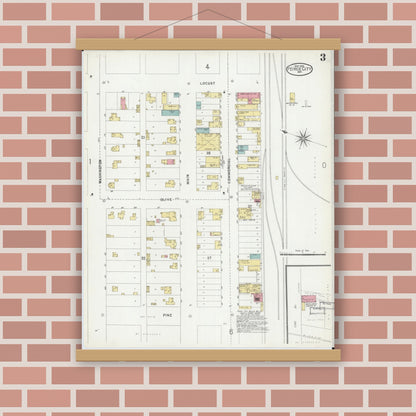 Old map wall art mockup — magnetic wood frame on brick wall — Sanborn Fire Insurance Map from Pierce City, Lawrence County, Missouri (1902), Sheet #0003