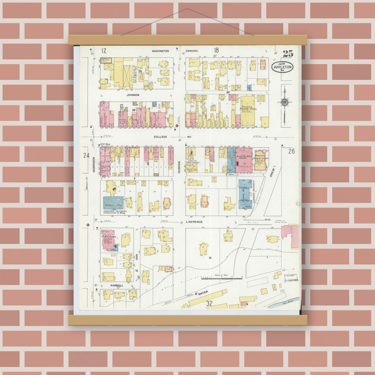 Old map wall art mockup — magnetic wood frame on brick wall — Sanborn Fire Insurance Map from Appleton, Outagamie County, Wisconsin (1911), Sheet #0025