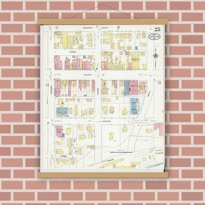 Old map wall art mockup — magnetic wood frame on brick wall — Sanborn Fire Insurance Map from Appleton, Outagamie County, Wisconsin (1911), Sheet #0025