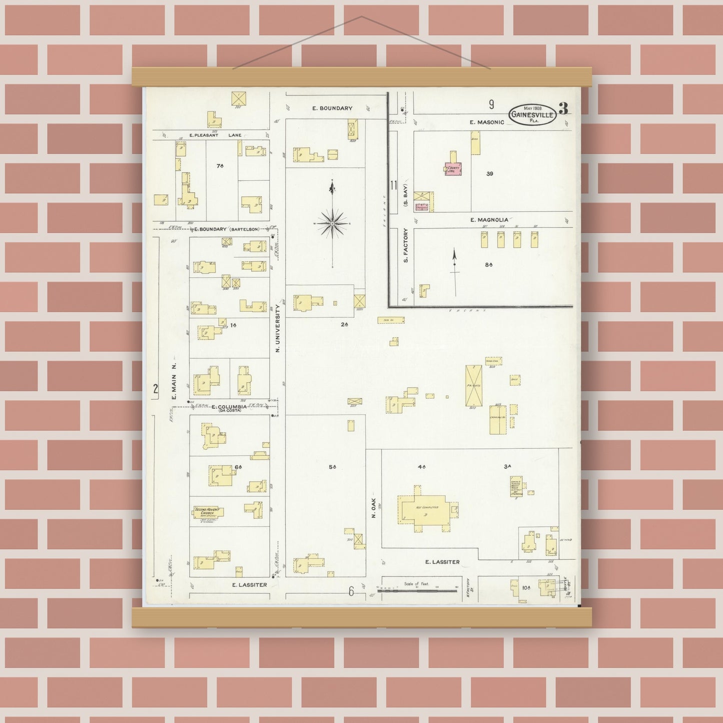 Old map wall art mockup — magnetic wood frame on brick wall — Sanborn Fire Insurance Map from Gainesville, Alachua County, Florida (1909), Sheet #0003