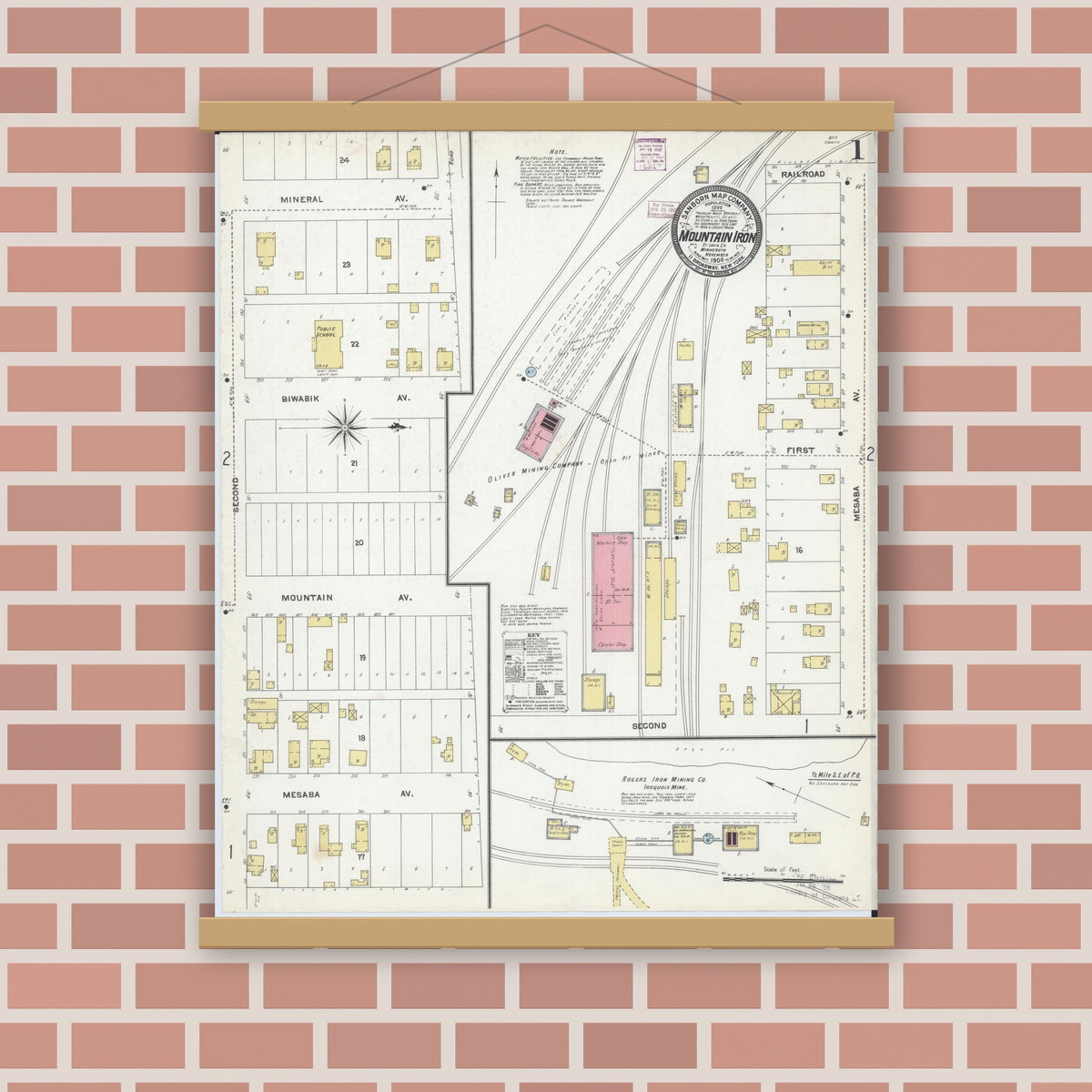 Old map wall art mockup — magnetic wood frame on brick wall — Sanborn Fire Insurance Map from Mountain Iron, Saint Louis County, Minnesota (1906) - Complete Map Set