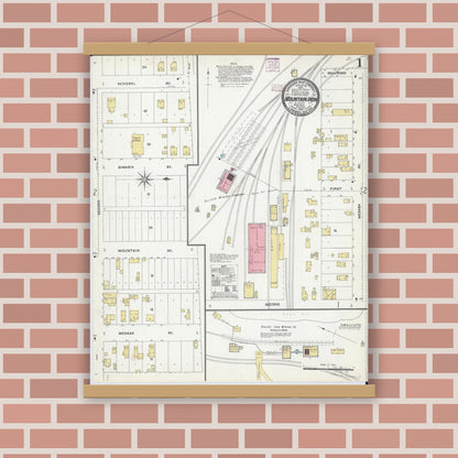 Old map wall art mockup — magnetic wood frame on brick wall — Sanborn Fire Insurance Map from Mountain Iron, Saint Louis County, Minnesota (1906) - Complete Map Set