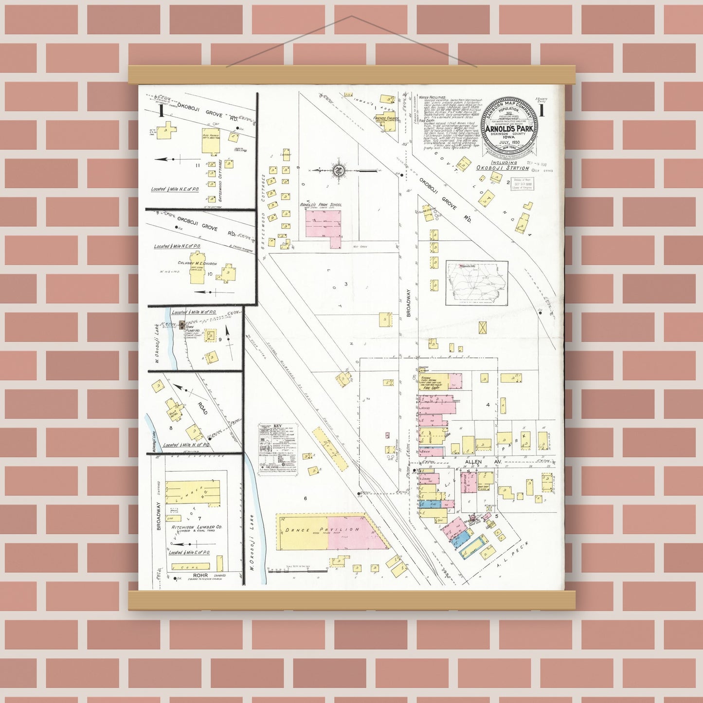 Old map wall art mockup — magnetic wood frame on brick wall — Sanborn Fire Insurance Map from Arnold's Park, Dickinson County, Iowa (1930) â€” Complete Set