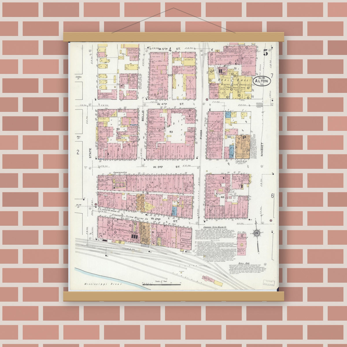 Old map wall art mockup — magnetic wood frame on brick wall — Sanborn Fire Insurance Map from Alton, Madison County, Illinois (1915), Sheet #0005