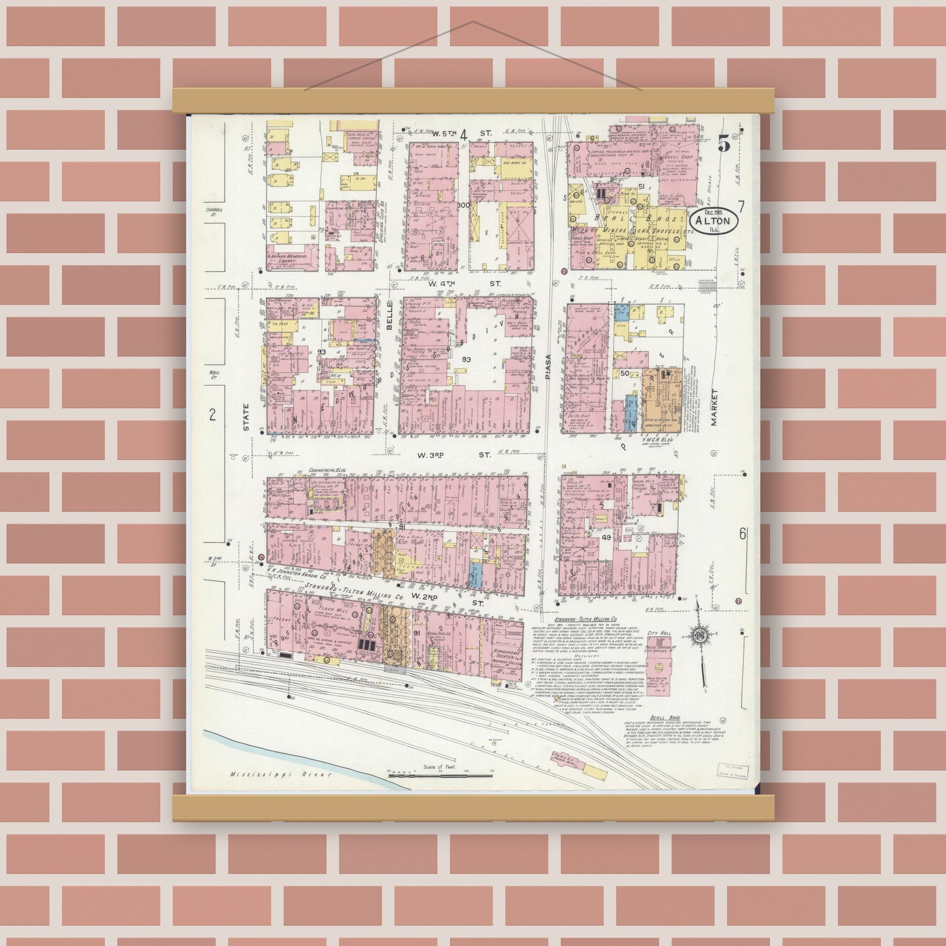 Old map wall art mockup — magnetic wood frame on brick wall — Sanborn Fire Insurance Map from Alton, Madison County, Illinois (1915), Sheet #0005