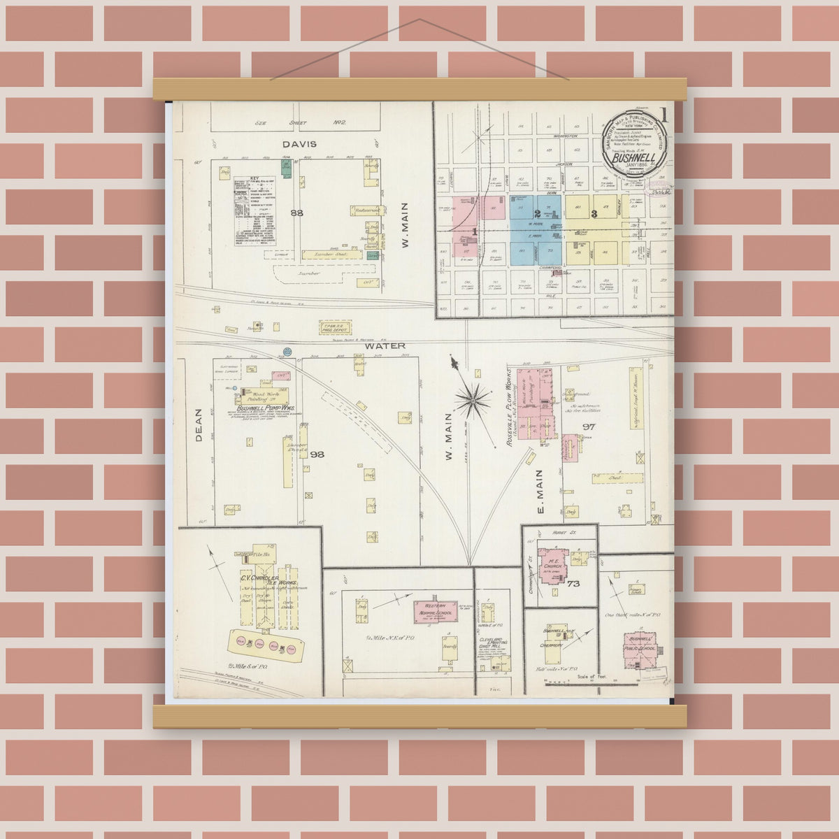 Old map wall art mockup — magnetic wood frame on brick wall — Sanborn Fire Insurance Map from Bushnell, Mcdonough County, Illinois (1886), Sheet #0001