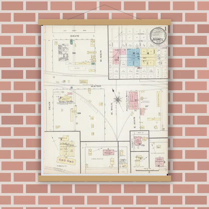 Old map wall art mockup — magnetic wood frame on brick wall — Sanborn Fire Insurance Map from Bushnell, Mcdonough County, Illinois (1886), Sheet #0001
