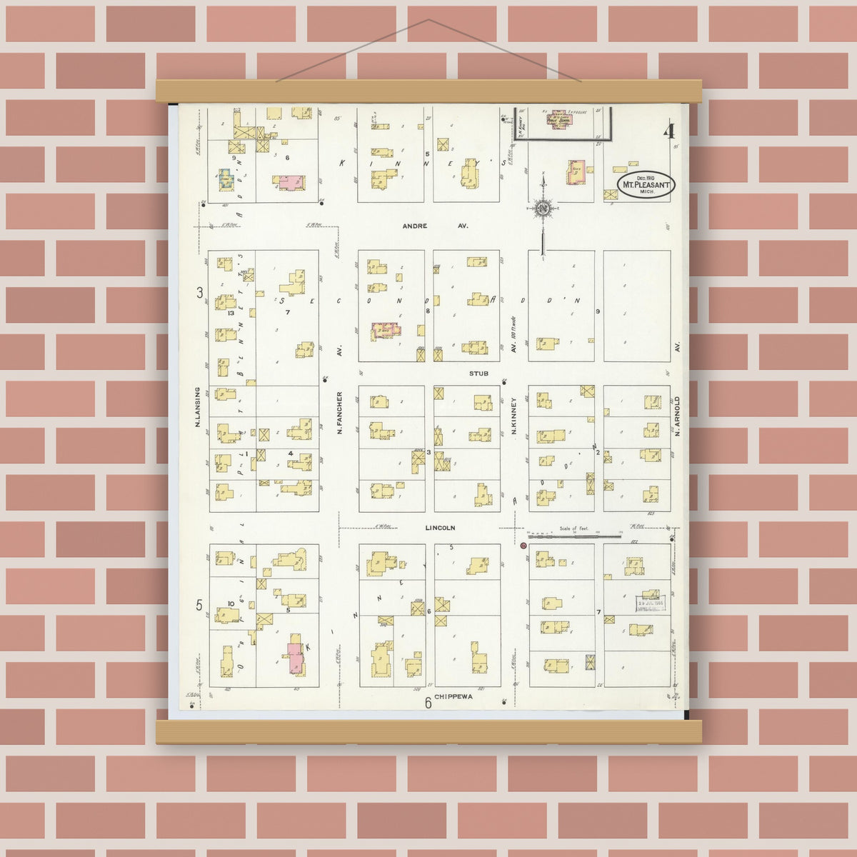 Old map wall art mockup — magnetic wood frame on brick wall — Sanborn Fire Insurance Map from Mount Pleasant, Isabella County, Michigan (1910), Sheet #0004