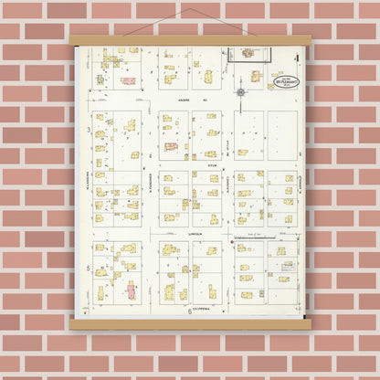 Old map wall art mockup — magnetic wood frame on brick wall — Sanborn Fire Insurance Map from Mount Pleasant, Isabella County, Michigan (1910), Sheet #0004
