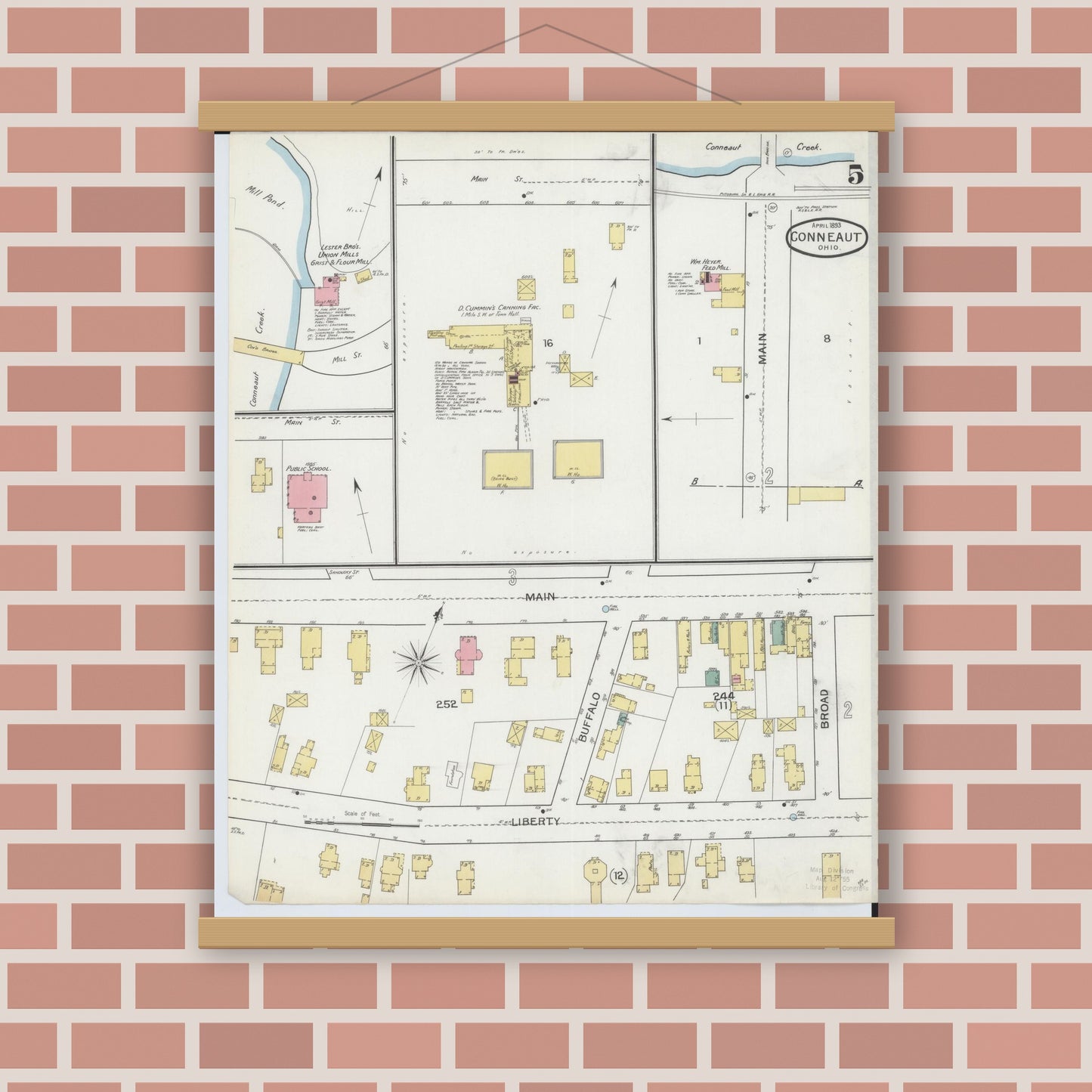 Old map wall art mockup — magnetic wood frame on brick wall — Sanborn Fire Insurance Map from Conneaut, Ashtabula County, Ohio (1893), Sheet #0005