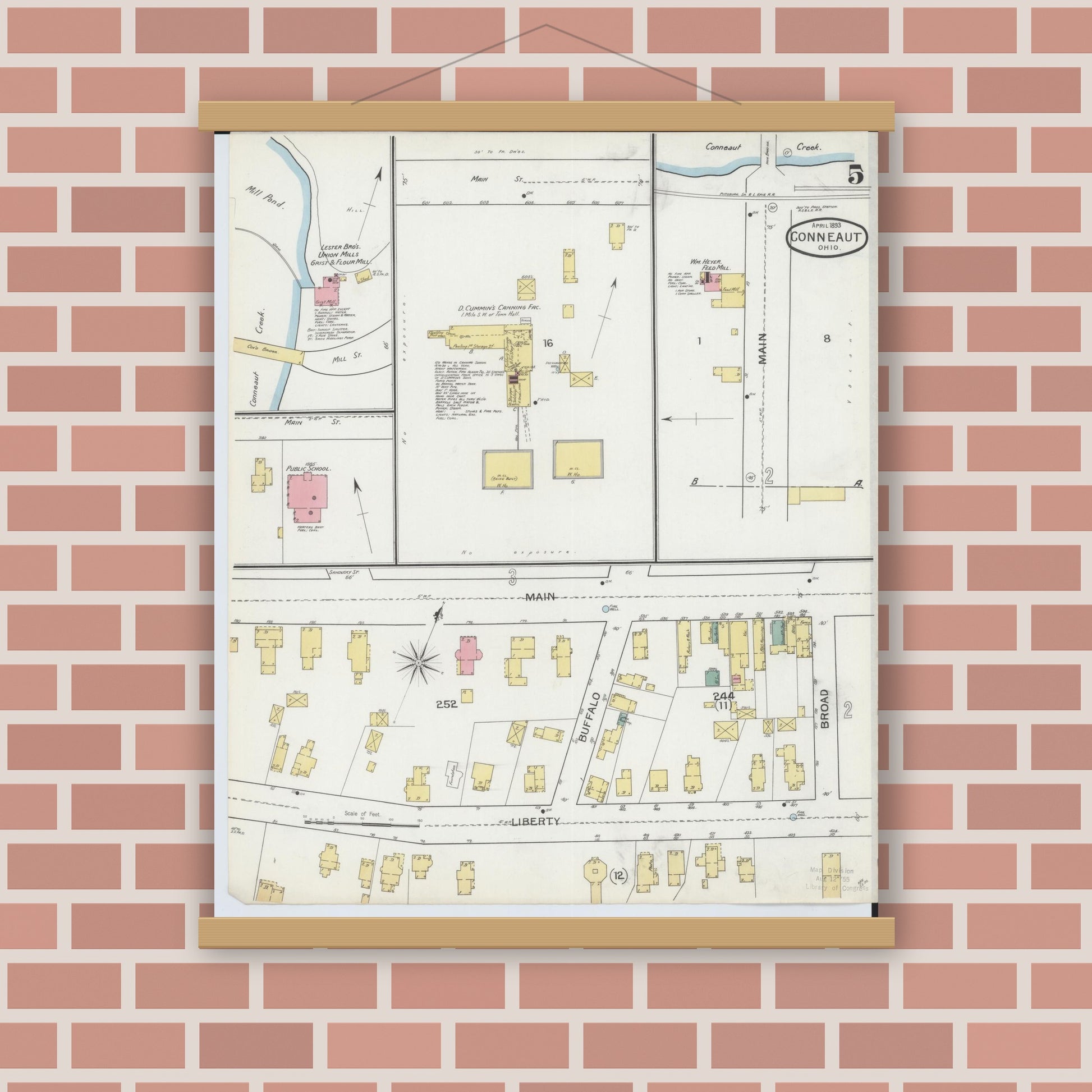 Old map wall art mockup — magnetic wood frame on brick wall — Sanborn Fire Insurance Map from Conneaut, Ashtabula County, Ohio (1893), Sheet #0005