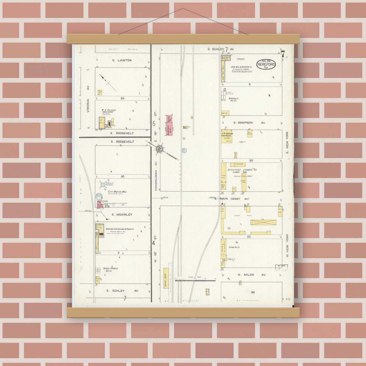 Old map wall art mockup — magnetic wood frame on brick wall — Sanborn Fire Insurance Map from Hereford, Deaf Smith County, Texas (1913), Sheet #0007