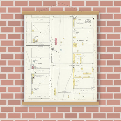 Old map wall art mockup — magnetic wood frame on brick wall — Sanborn Fire Insurance Map from Hereford, Deaf Smith County, Texas (1913), Sheet #0007