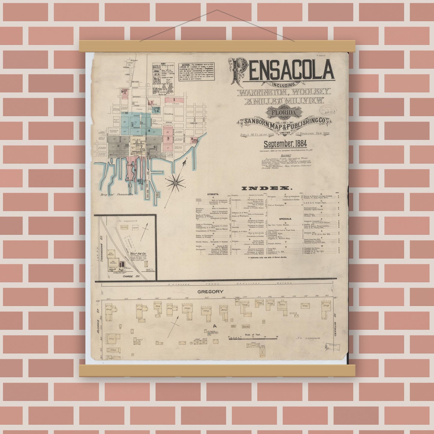 Old map wall art mockup — magnetic wood frame on brick wall — Sanborn Fire Insurance Map from Pensacola, Escambia County, Florida (1884), Sheet #0001