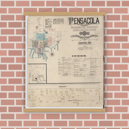 Old map wall art mockup — magnetic wood frame on brick wall — Sanborn Fire Insurance Map from Pensacola, Escambia County, Florida (1884), Sheet #0001