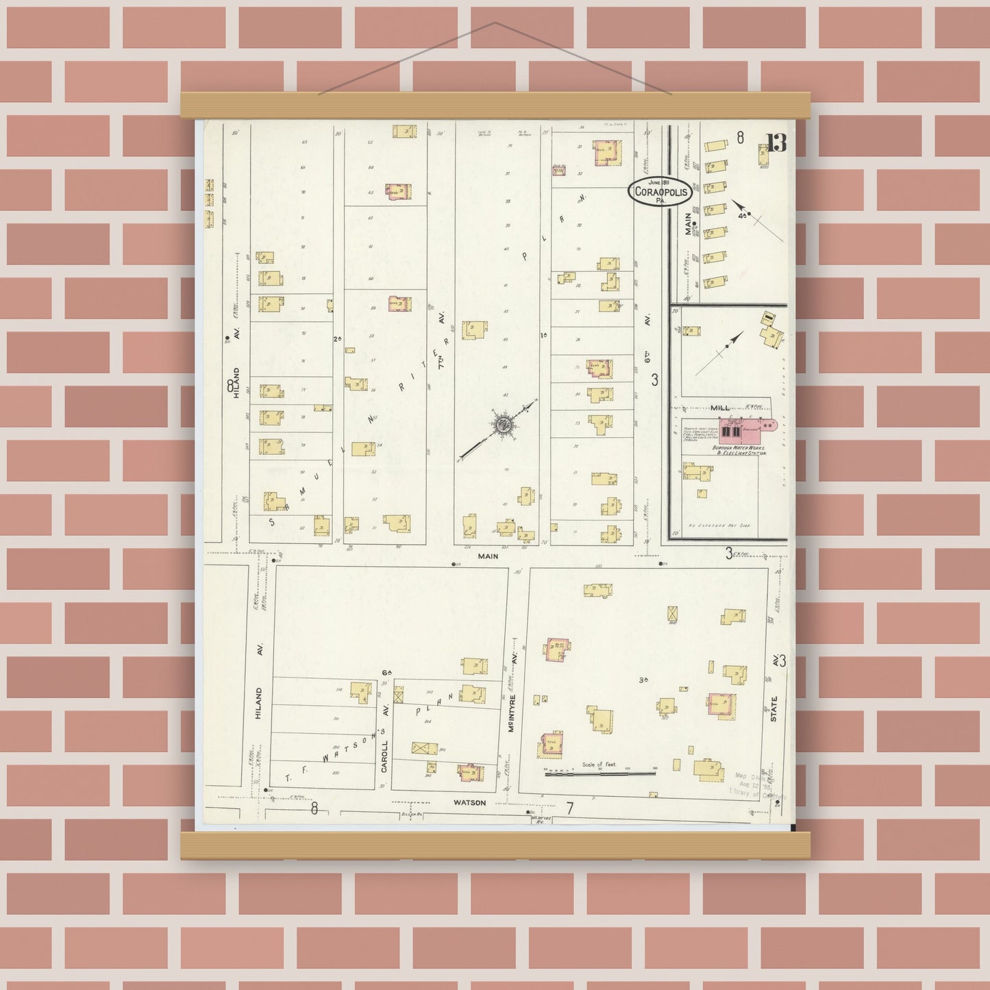 Old map wall art mockup — magnetic wood frame on brick wall — Sanborn Fire Insurance Map from Coraopolis, Allegheny County, Pennsylvania (1911), Sheet #0013