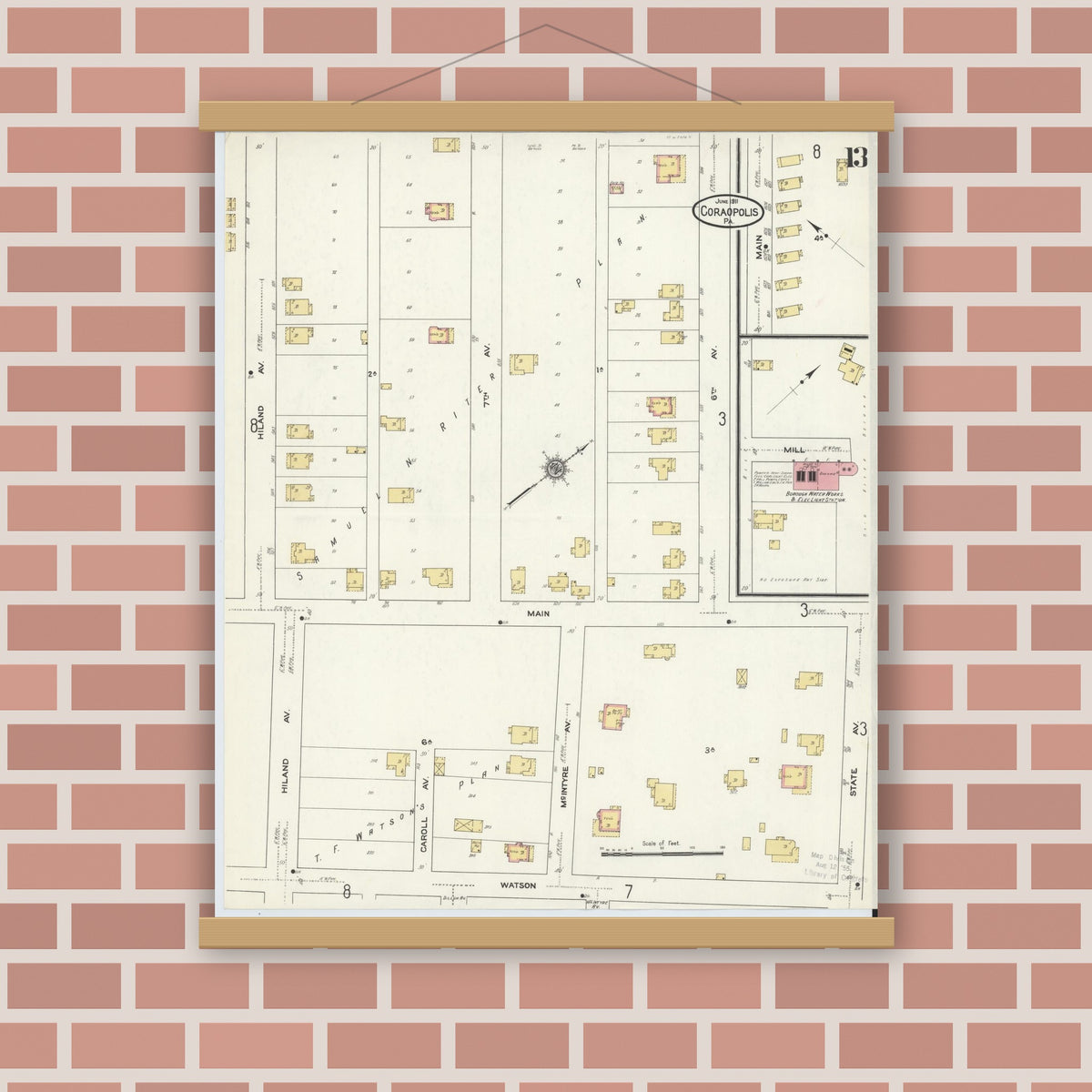 Old map wall art mockup — magnetic wood frame on brick wall — Sanborn Fire Insurance Map from Coraopolis, Allegheny County, Pennsylvania (1911), Sheet #0013