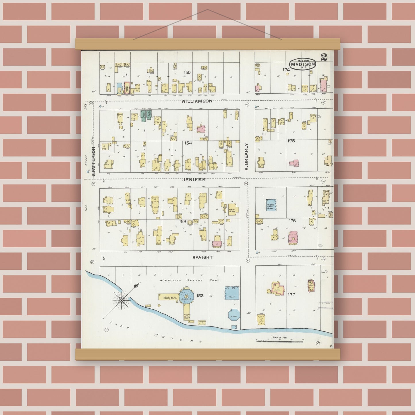 Old map wall art mockup — magnetic wood frame on brick wall — Sanborn Fire Insurance Map from Madison, Dane County, Wisconsin (1892), Sheet #0002