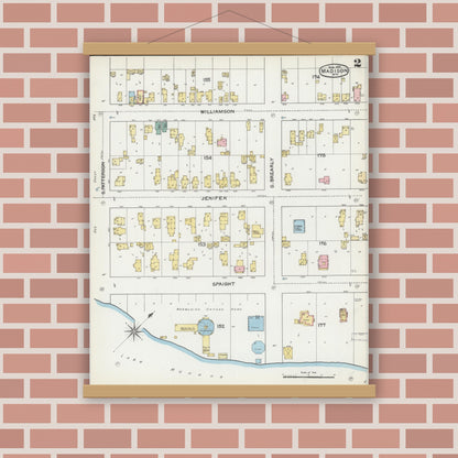 Old map wall art mockup — magnetic wood frame on brick wall — Sanborn Fire Insurance Map from Madison, Dane County, Wisconsin (1892), Sheet #0002