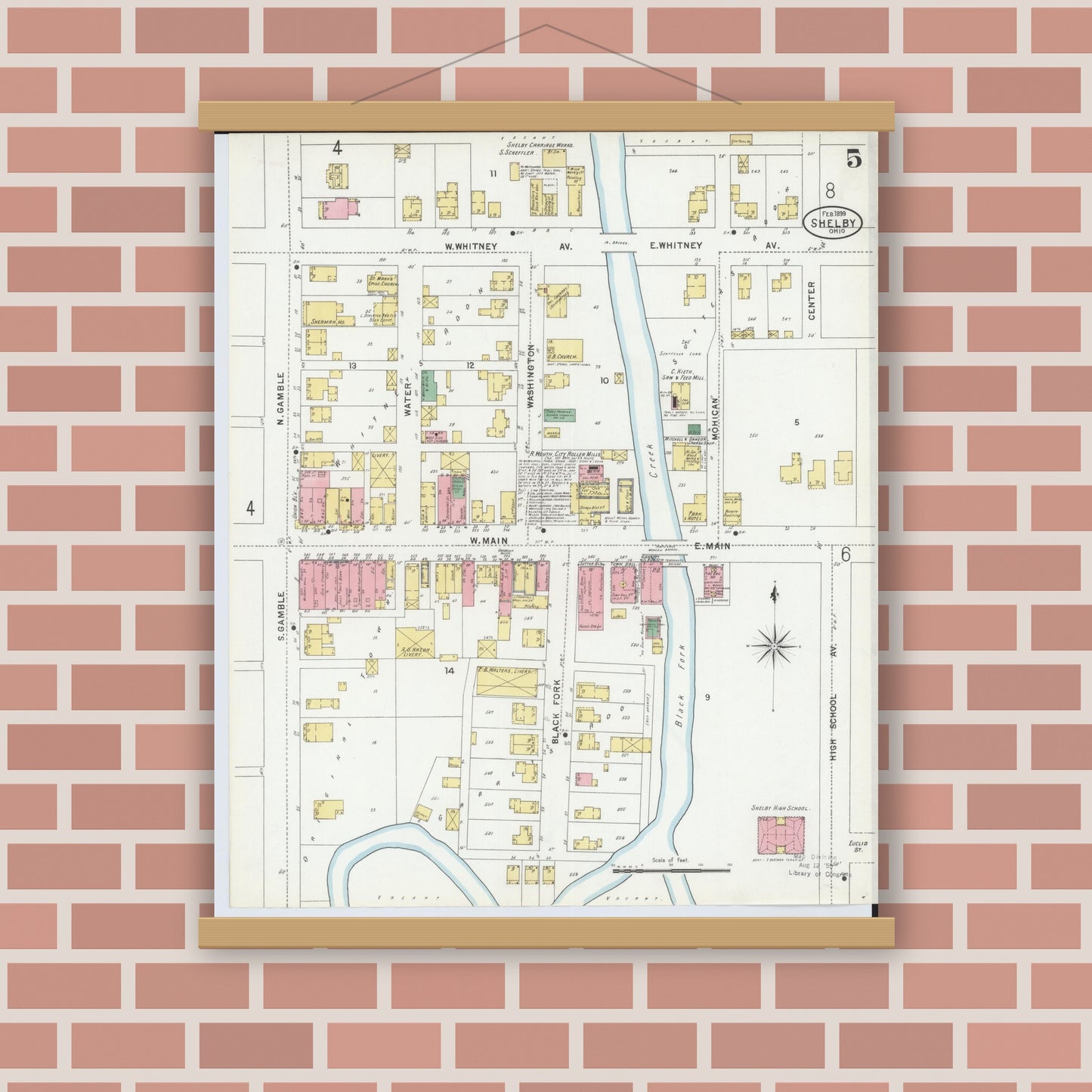 Old map wall art mockup — magnetic wood frame on brick wall — Sanborn Fire Insurance Map from Shelby, Richland County, Ohio (1899), Sheet #0005