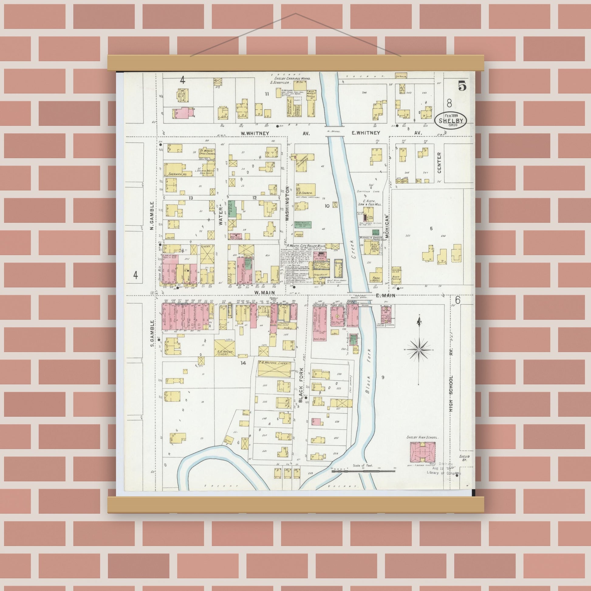 Old map wall art mockup — magnetic wood frame on brick wall — Sanborn Fire Insurance Map from Shelby, Richland County, Ohio (1899), Sheet #0005