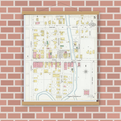 Old map wall art mockup — magnetic wood frame on brick wall — Sanborn Fire Insurance Map from Shelby, Richland County, Ohio (1899), Sheet #0005