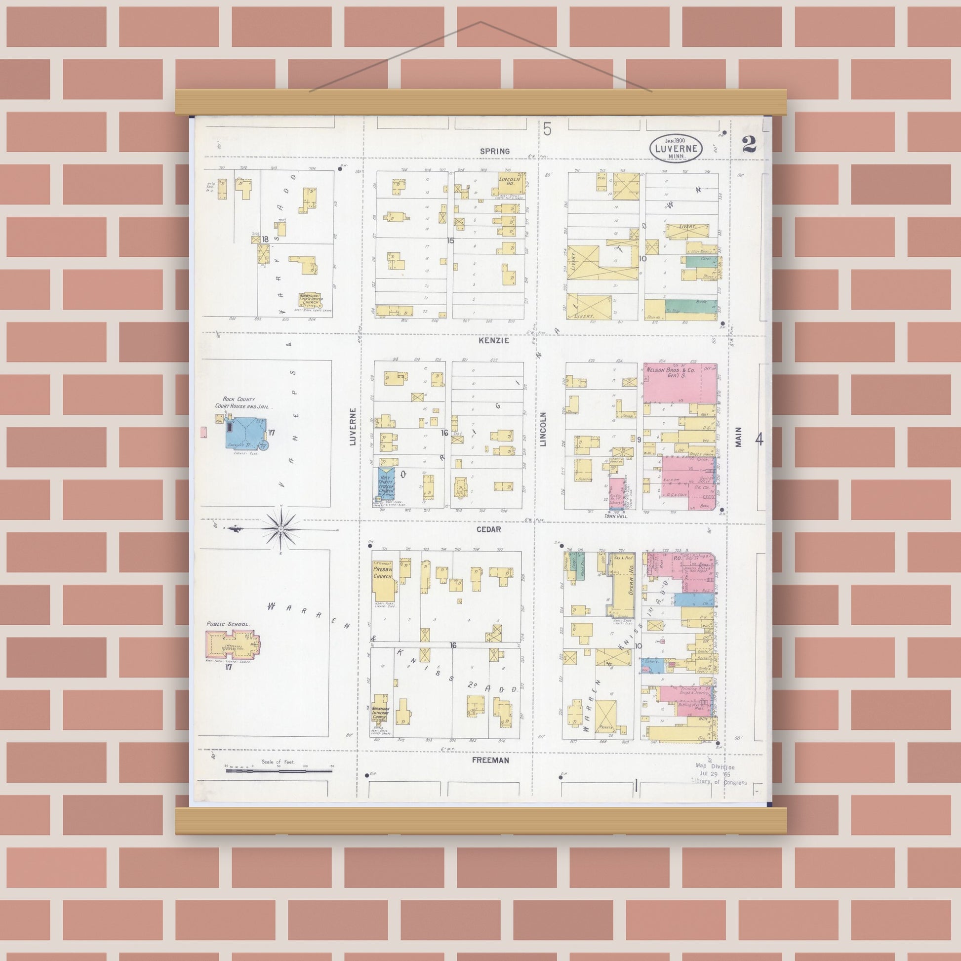 Old map wall art mockup — magnetic wood frame on brick wall — Sanborn Fire Insurance Map from Luverne, Rock County, Minnesota (1900), Sheet #0002