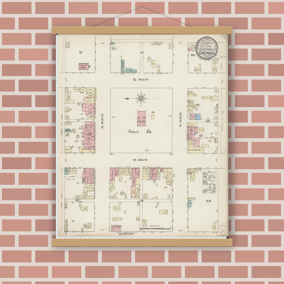Old map wall art mockup — magnetic wood frame on brick wall — Sanborn Fire Insurance Map from Carthage, Hancock County, Illinois (1885), Sheet #0001