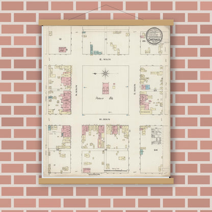 Old map wall art mockup — magnetic wood frame on brick wall — Sanborn Fire Insurance Map from Carthage, Hancock County, Illinois (1885), Sheet #0001