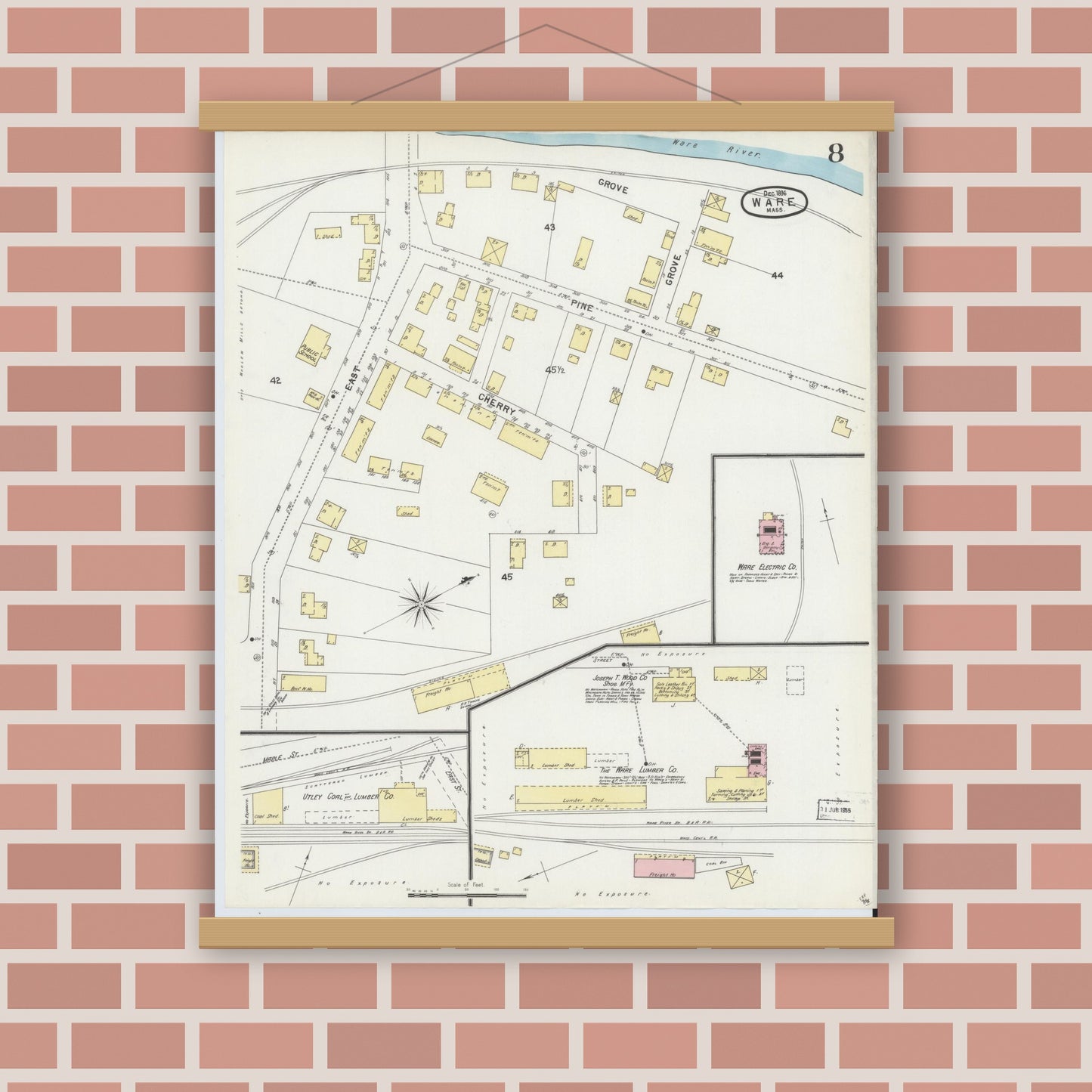 Old map wall art mockup — magnetic wood frame on brick wall — Sanborn Fire Insurance Map from Ware, Hampshire County, Massachusetts (1896), Sheet #0008