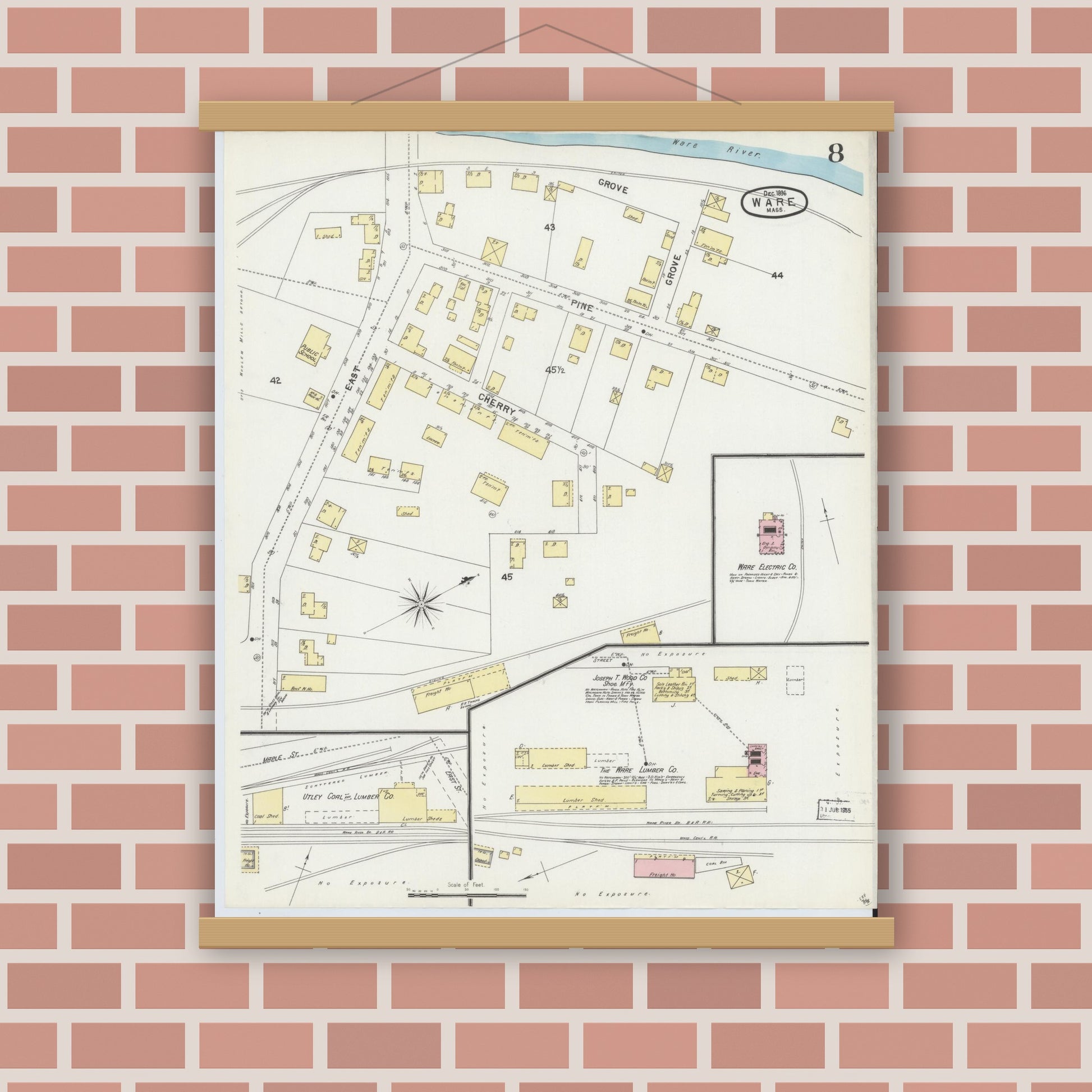 Old map wall art mockup — magnetic wood frame on brick wall — Sanborn Fire Insurance Map from Ware, Hampshire County, Massachusetts (1896), Sheet #0008